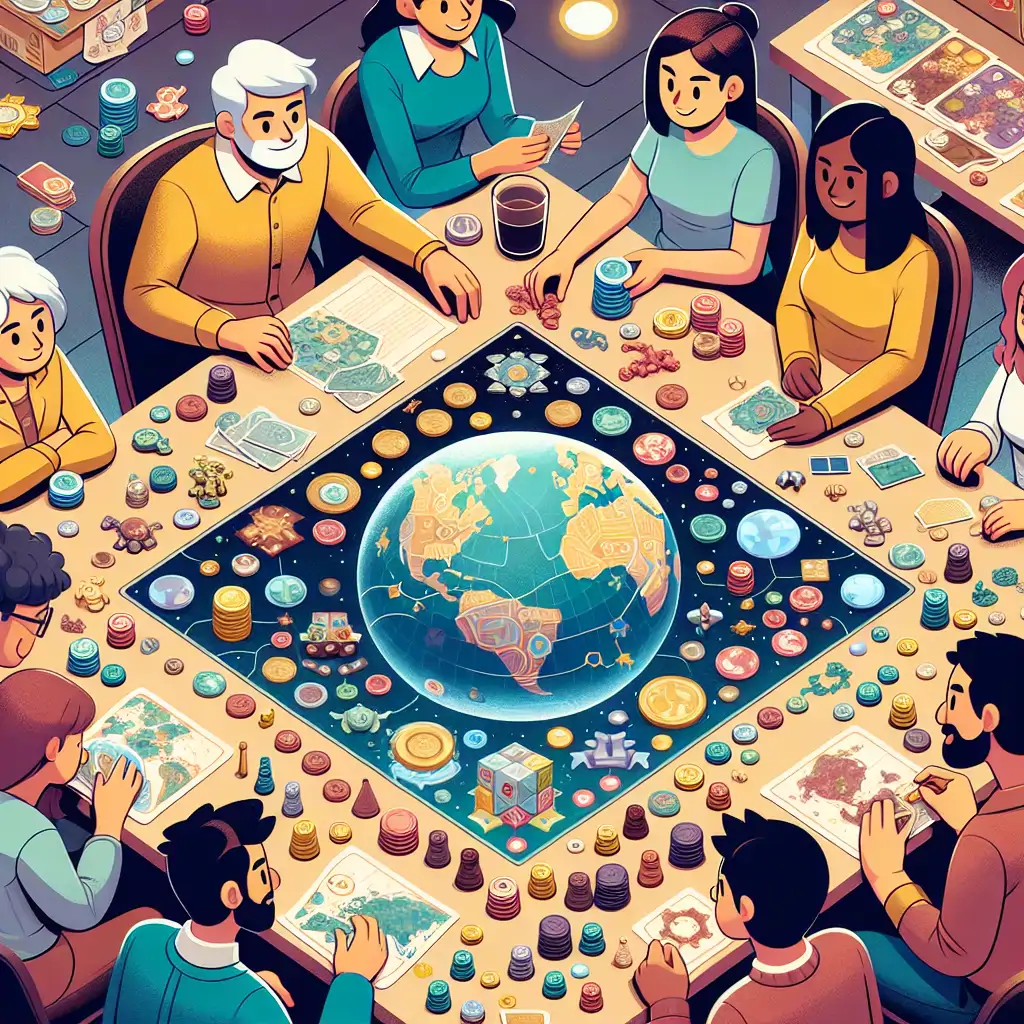 Players intensely pondering a game of Terraforming Mars, surrounded by game components and a transformed planet tableau.