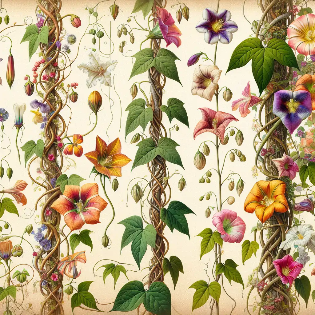 A collage of various unusual climbing vines with vivid flowers and unique growth patterns.