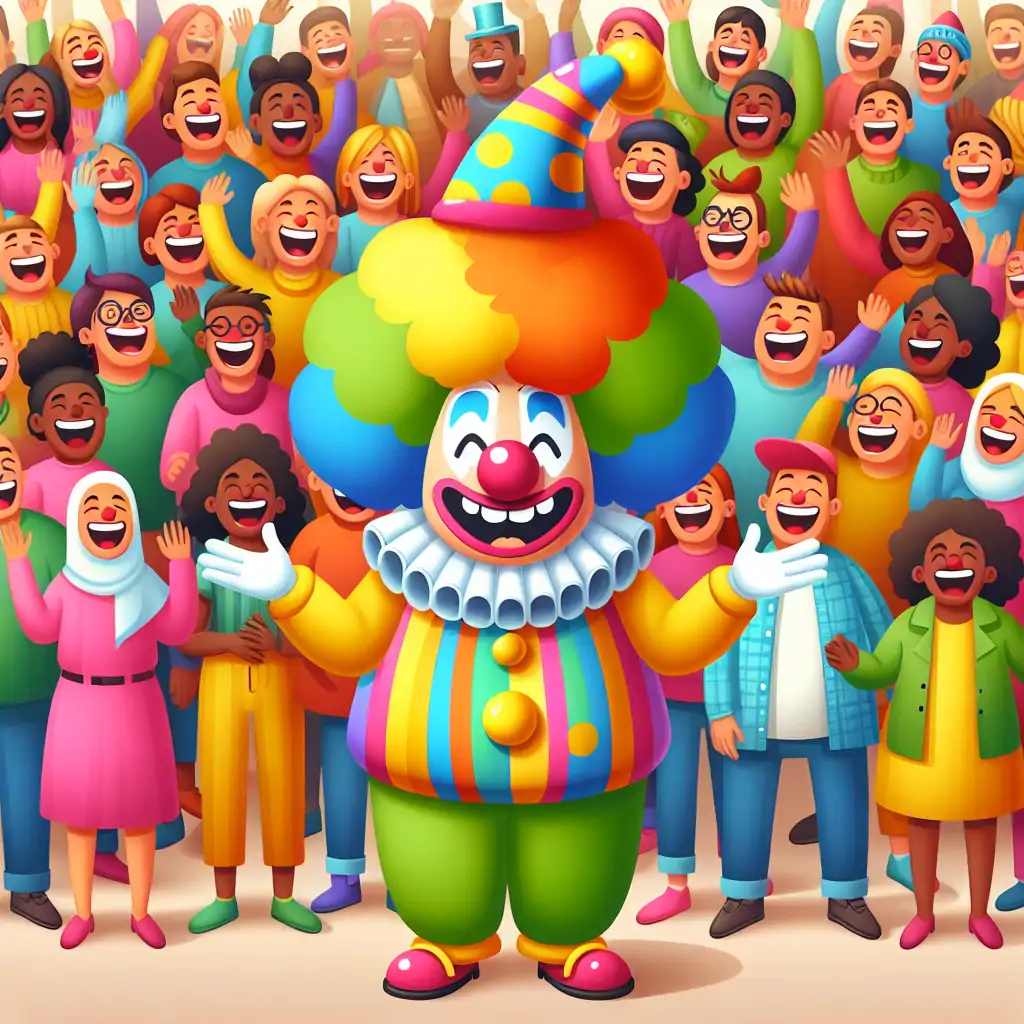A cartoon of a bully in a clown costume, surrounded by laughing people.