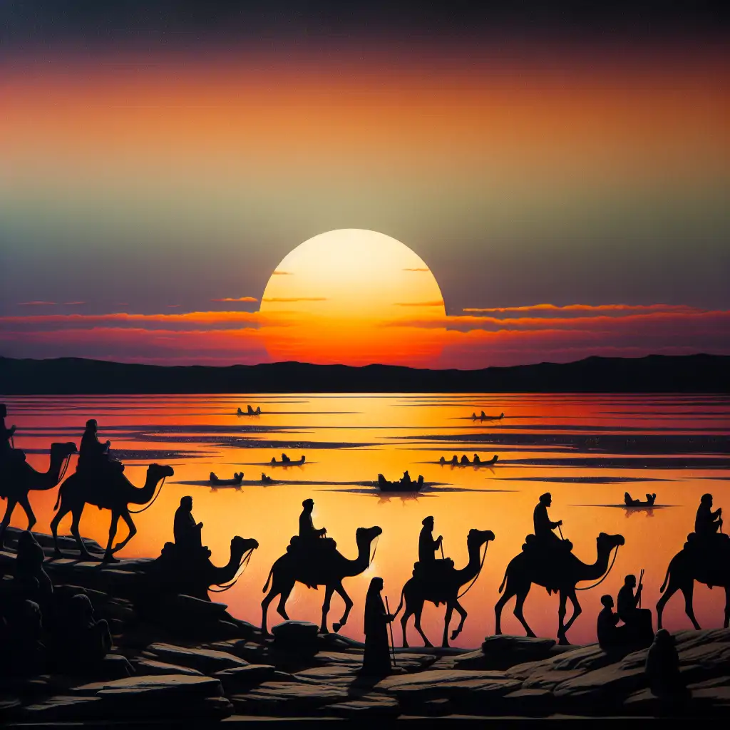A picturesque sunset over the Afar Depression, with miners and camels silhouetted against the golden sky, symbolizing the end of a day's hard work and the timeless beauty of the landscape