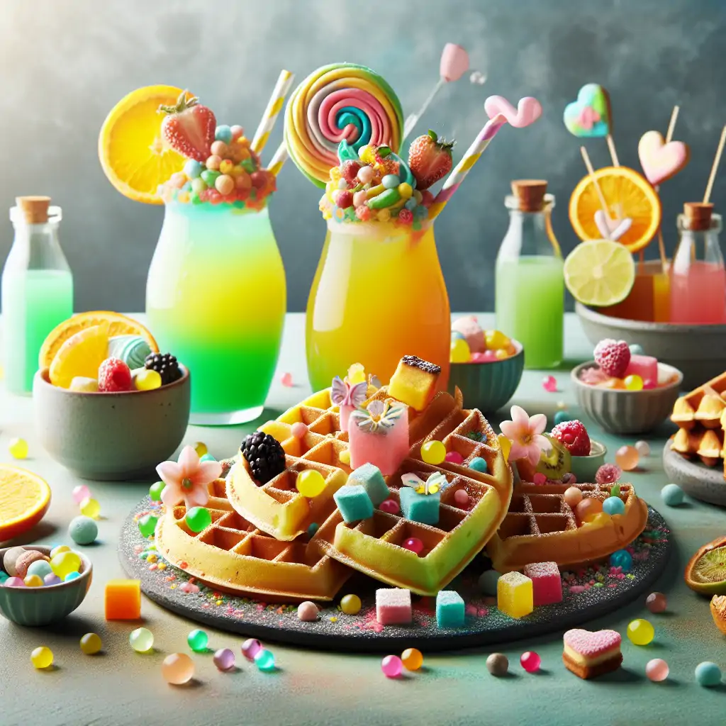 Modern brunch scene featuring waffles with creative toppings and drinks