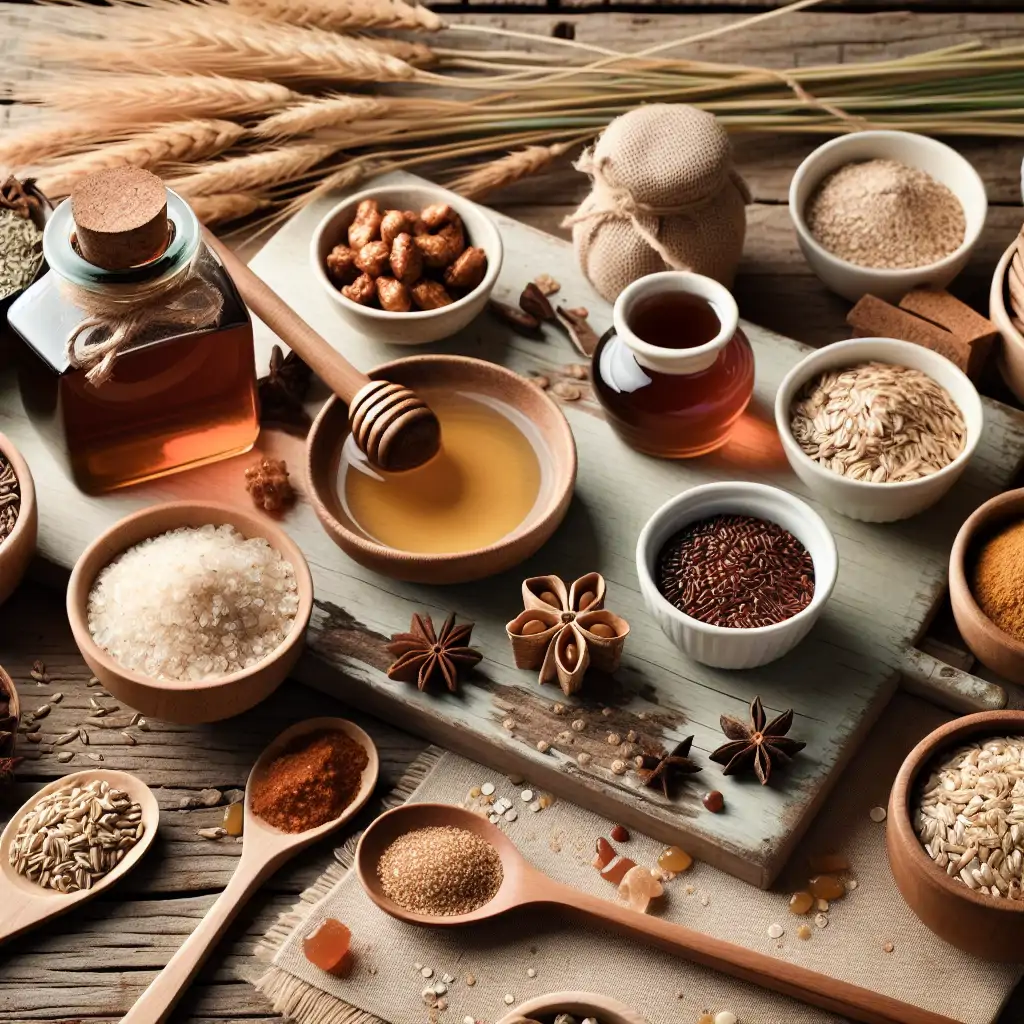 Ingredients spread on a rustic wooden table, including barley, agave nectar, and an assortment of spices.