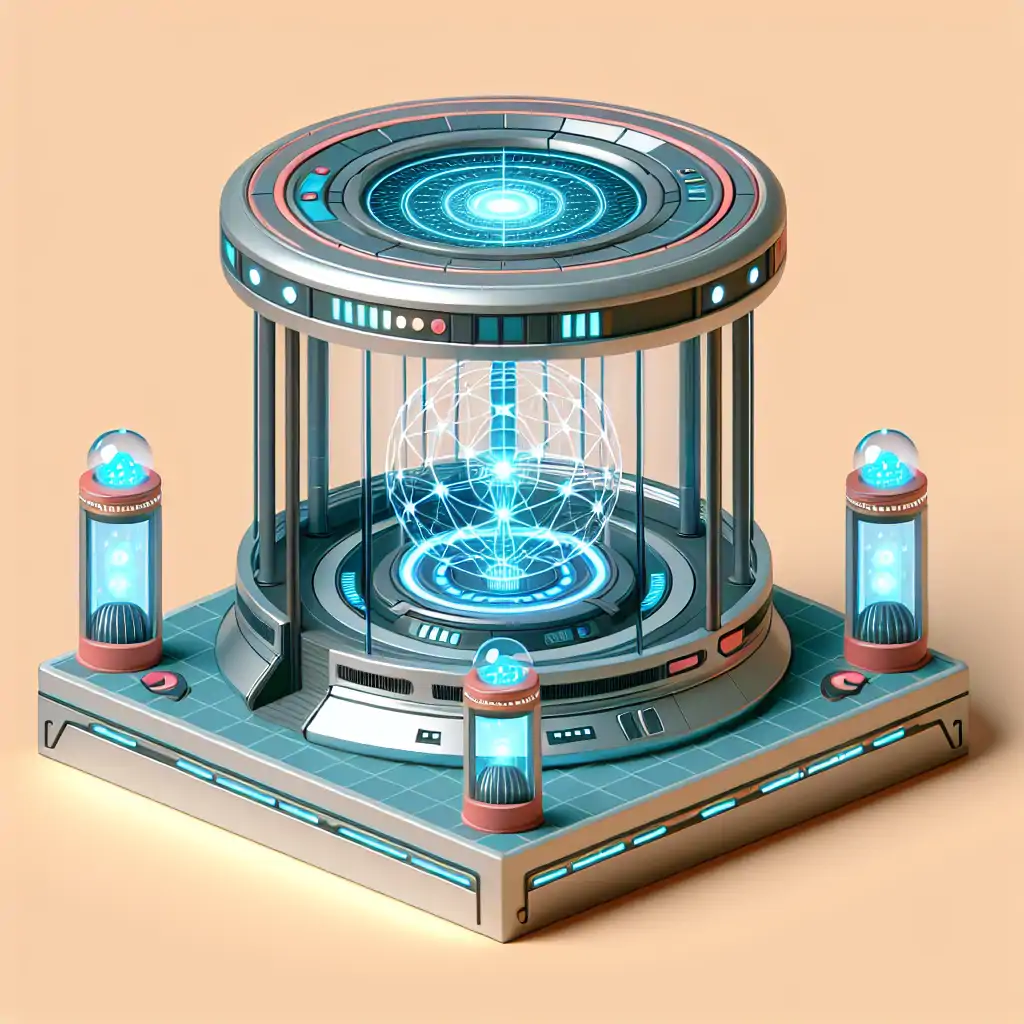 An image of a futuristic quantum teleportation chamber, mirroring sci-fi aesthetics