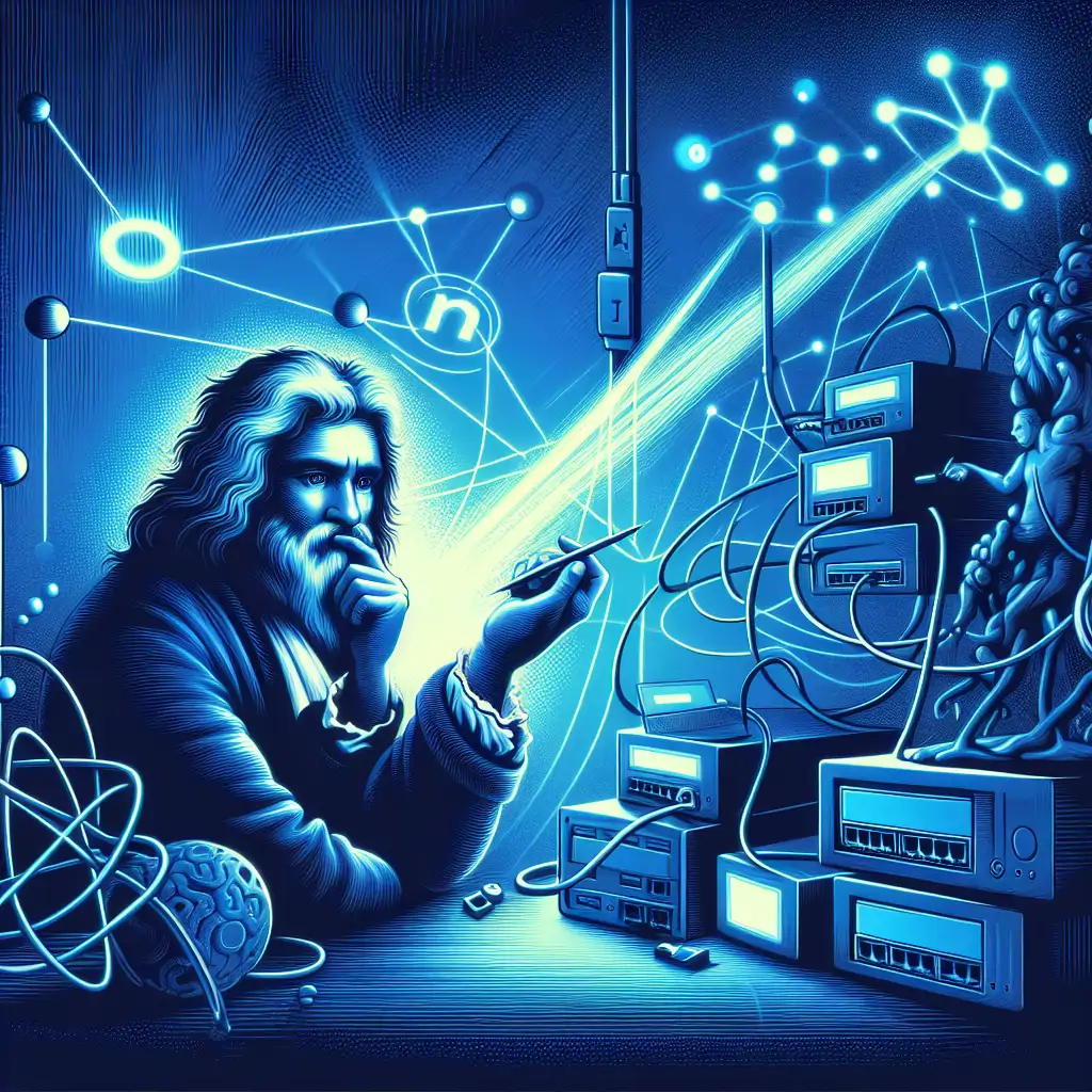 A modern-day depiction of Descartes pondering over a jumble of routers, cables, and error messages.