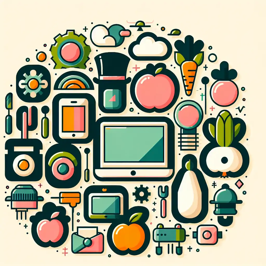 An illustration of various ICO logos with imaginative and quirky designs combining technology and everyday objects, like top hats and vegetables.